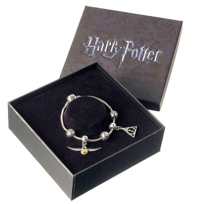 Pulseira com pingentes Harry Potter (Golden Snitch, Deathly Hallows e Feitiços)