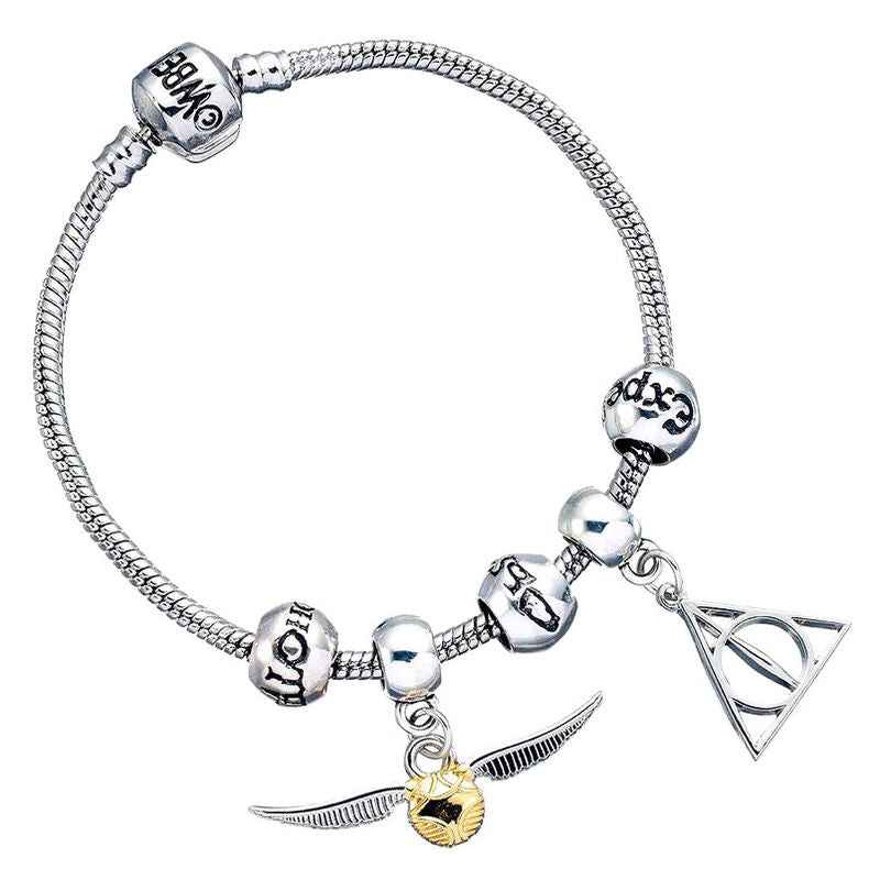 Pulsera con dijes de Harry Potter (Snitch dorada, Reliquias de la Muerte y hechizos)